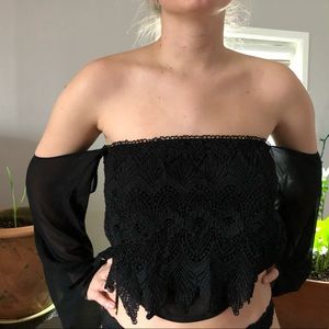 Black lace crop top with sheer hippy bell sleeves